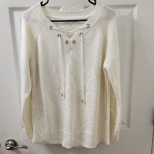 Calvin Klein Cream V-Neck Sweater with Lace-Up